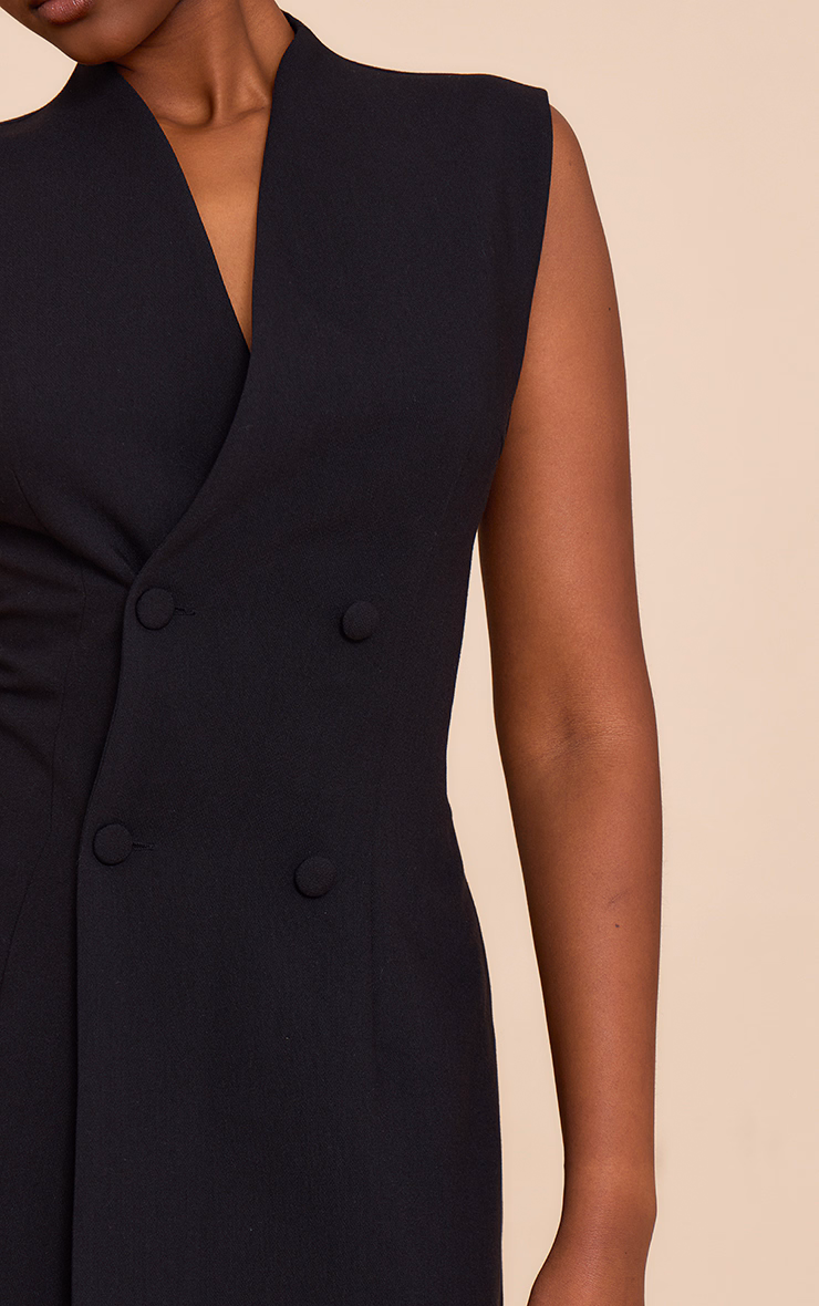 Black Woven Collarless Button Mini Dress