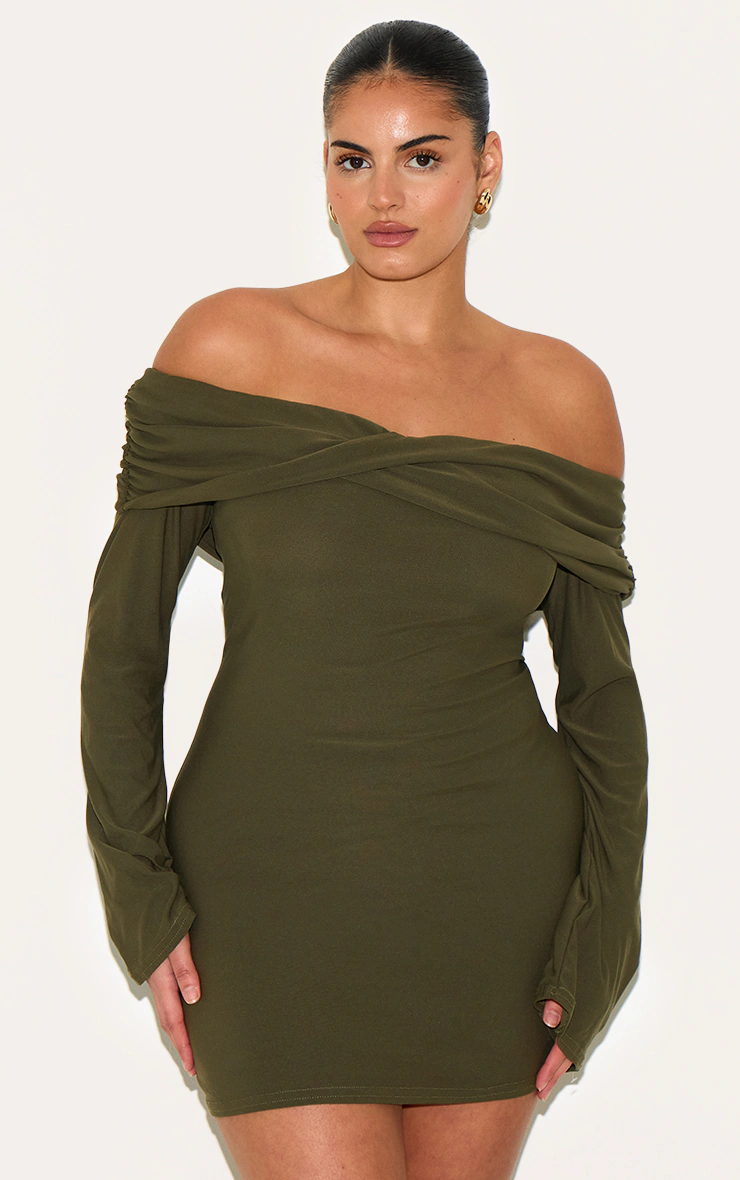 Plus Khaki Soft Touch Twist Detail Bardot Bodycon Dress