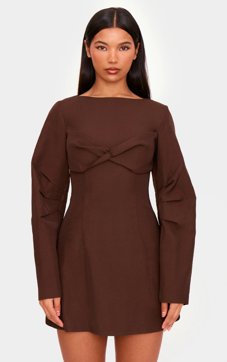Chocolate Woven Twist Detail Balloon Sleeve Dress