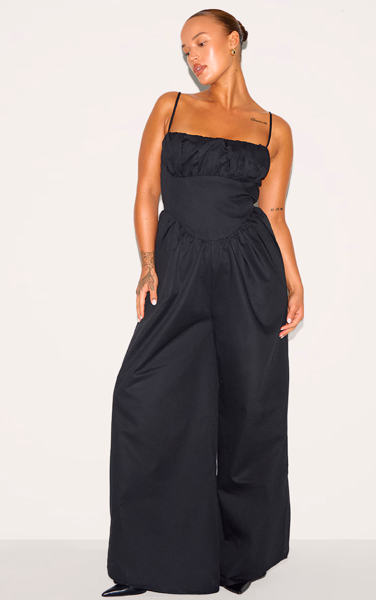 Plus Black Premium Ruched Corset Detail Wide Leg Jumpsuit