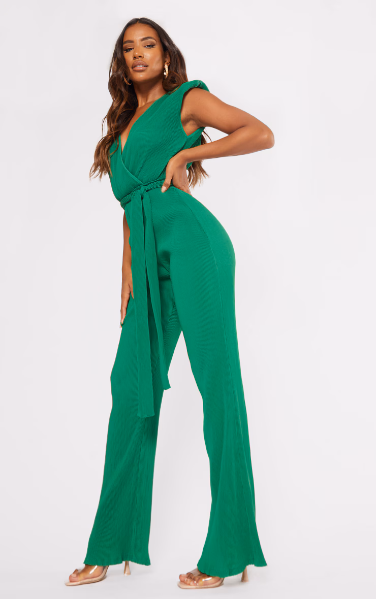 Bright Green  Pleated Shoulder Pad Flared Leg Jumpsuit