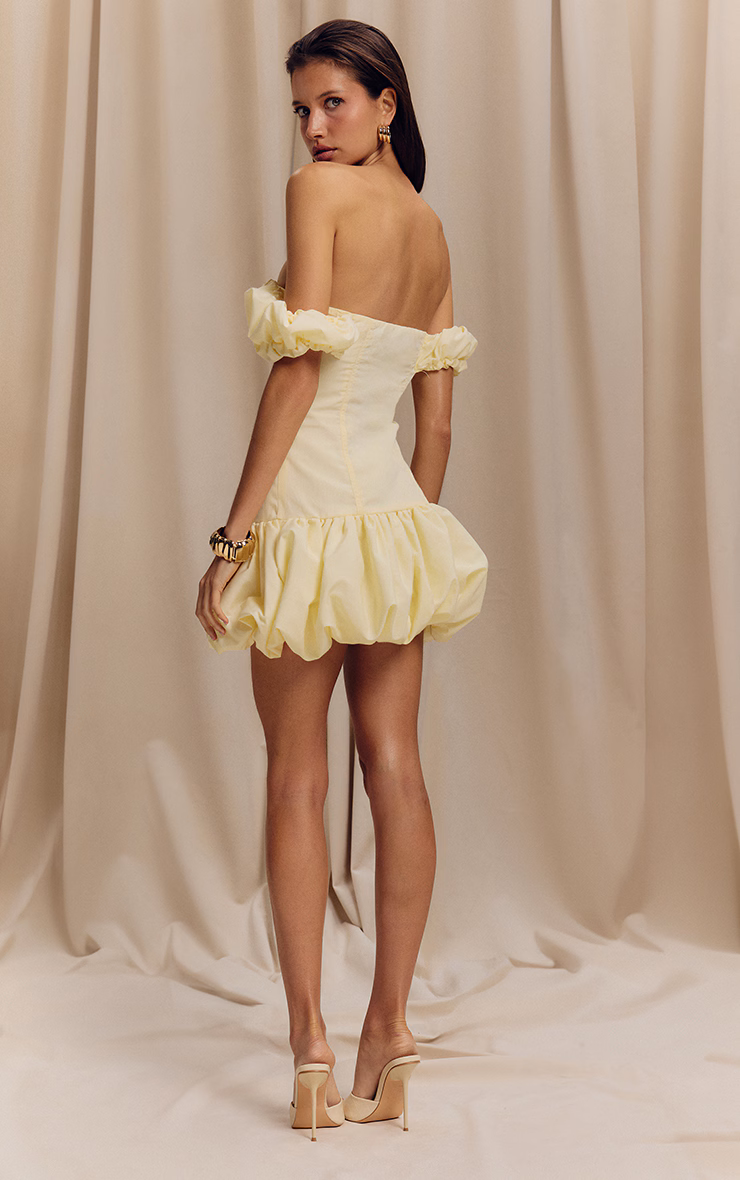 Lemon Ruched Bardot Puff Hem Bodycon Dress