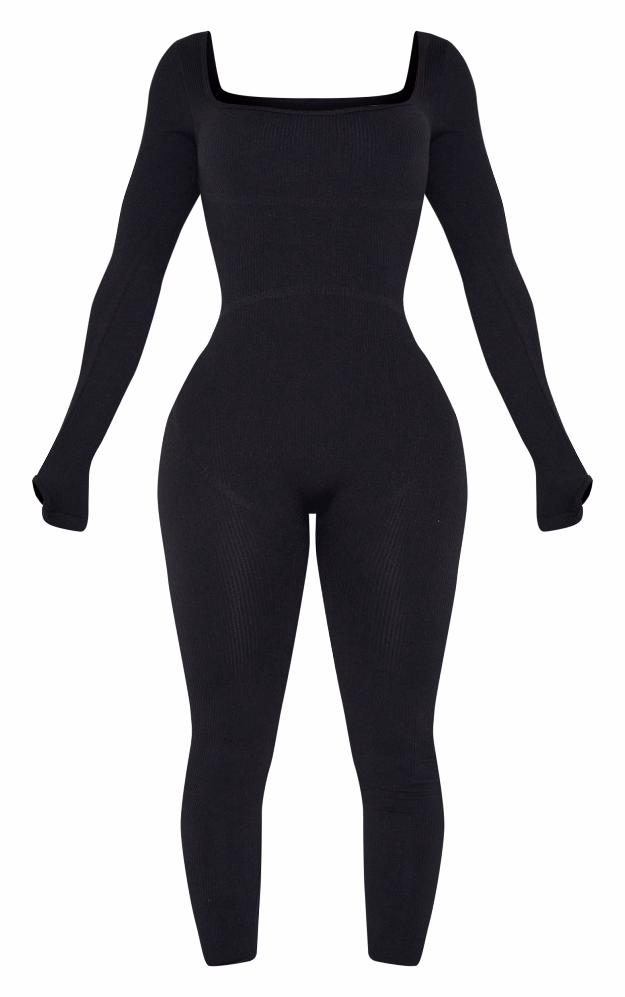 Shape Black Snatched Rib Square Neck Thumb Hole Jumpsuit