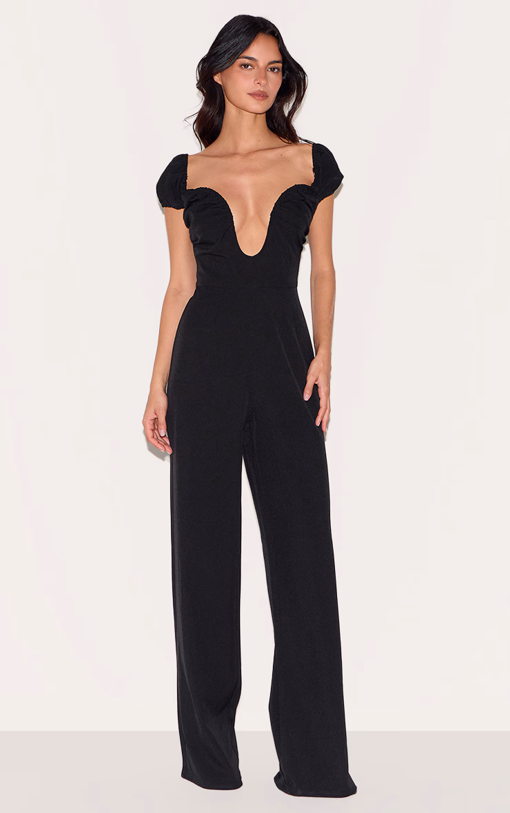 Black Woven Plunge Straight Leg Jumpsuit