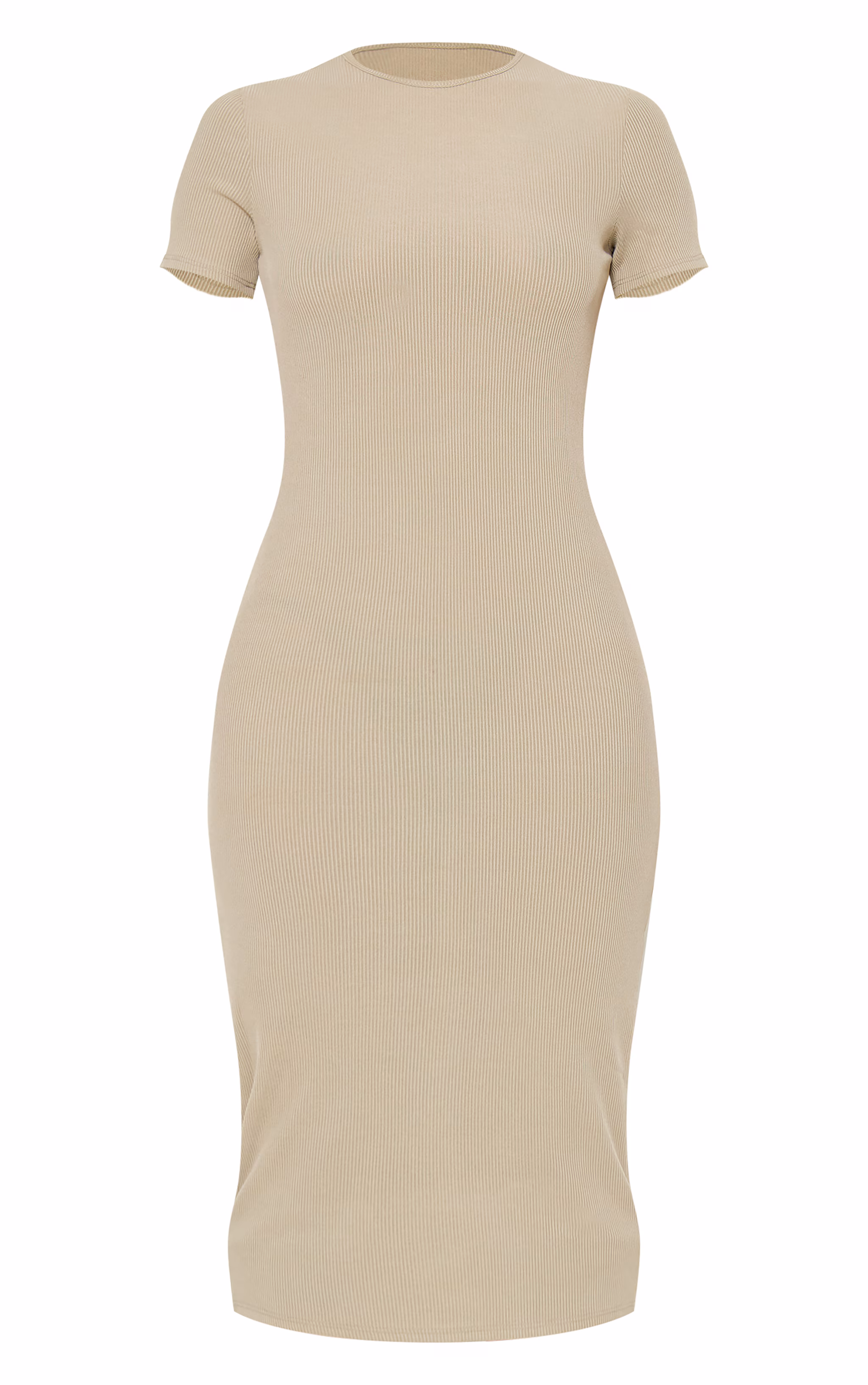 Moss Sand Ribbed Short Sleeve Crew Neck Midi Dress
