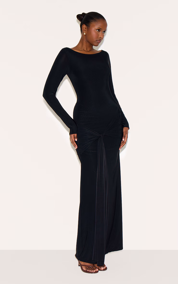 Black Double Layer Slinky Drop Waist Knot Detail Maxi Dress