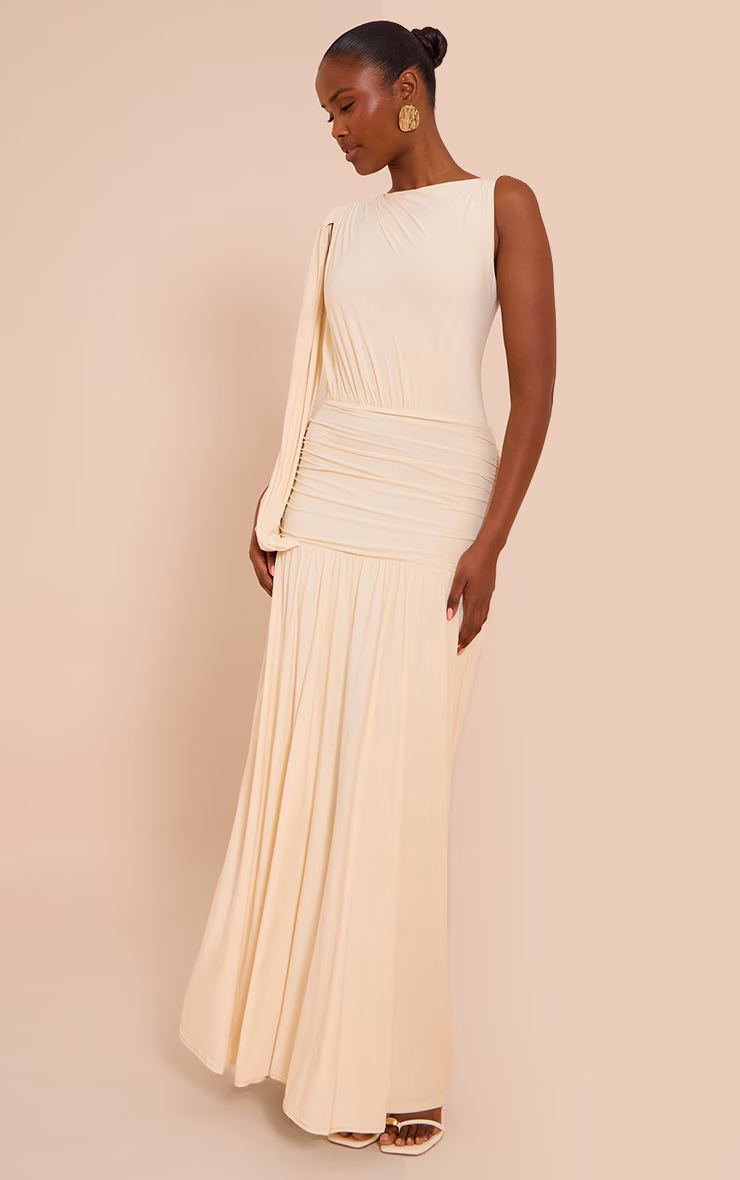 Butter Cream Double Layer Slinky Ruched One Shoulder Maxi Dress