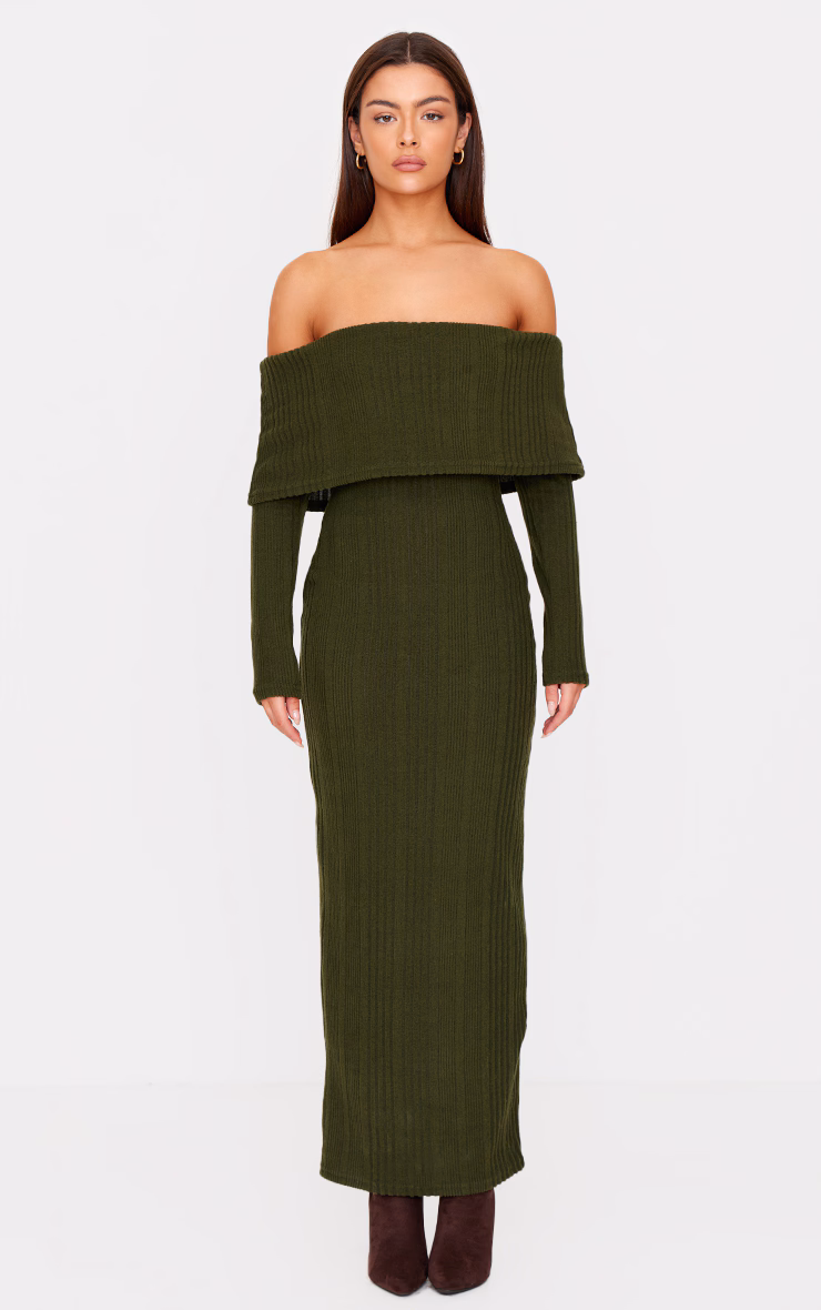 Green Brushed Rib Foldover Bardot Maxi Dress