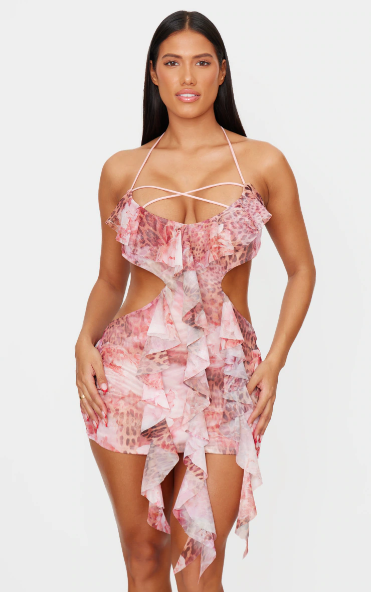 Shape Pink Mesh Printed Ruffle Open Back Halter Dress