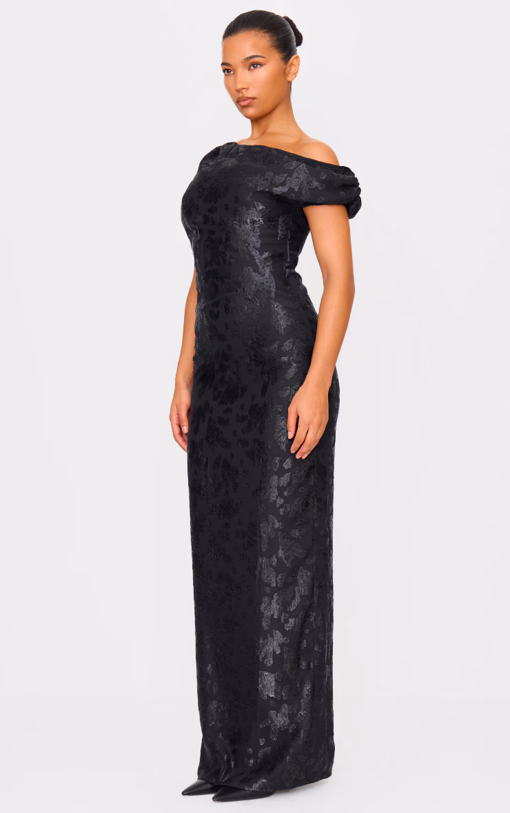 Black Glitter Devore Asymmetric Maxi Dress
