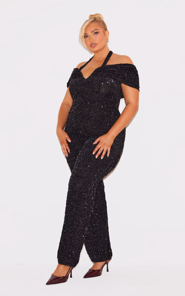 Plus Black Velour Sequined Bardot Halter Neck Strap Jumpsuit