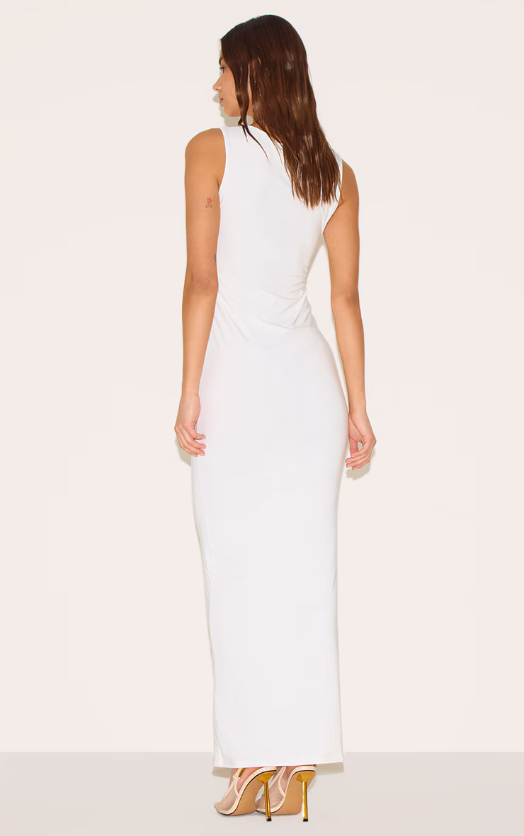 White Double Slinky Asymmetric Trim Detail Maxi Dress