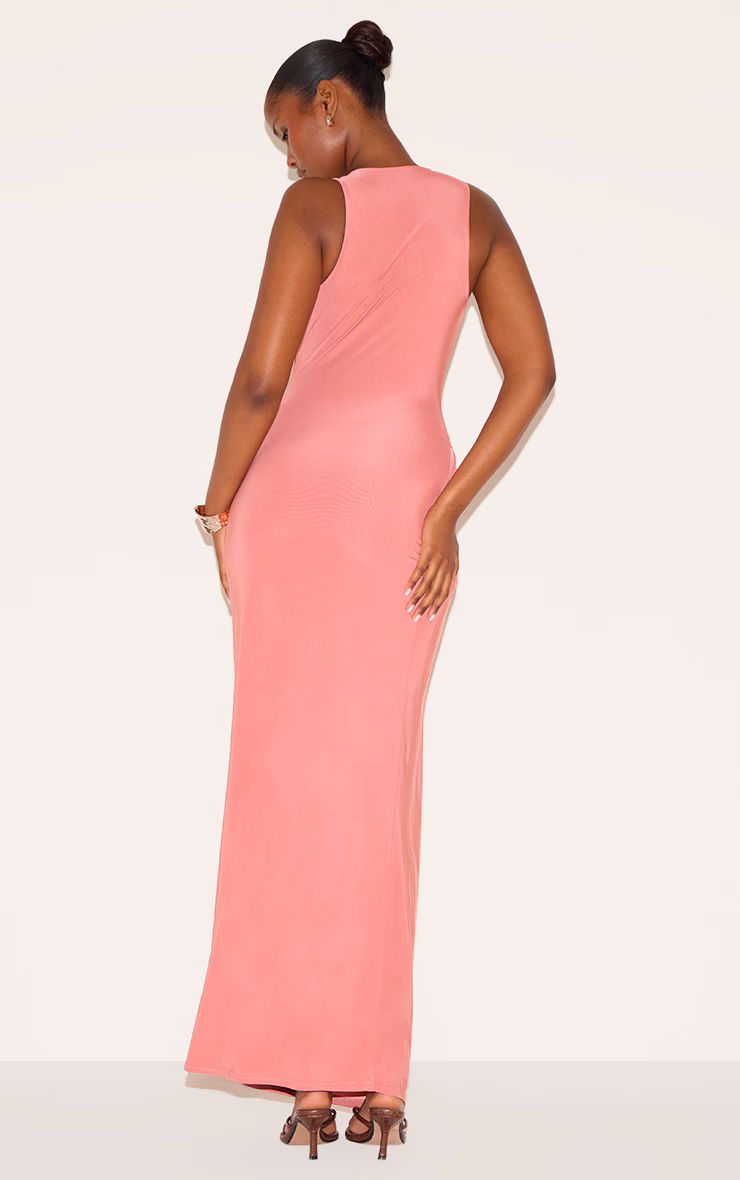 Blush Rose Double Layer Slinky Drop Waist Ruched Maxi Dress