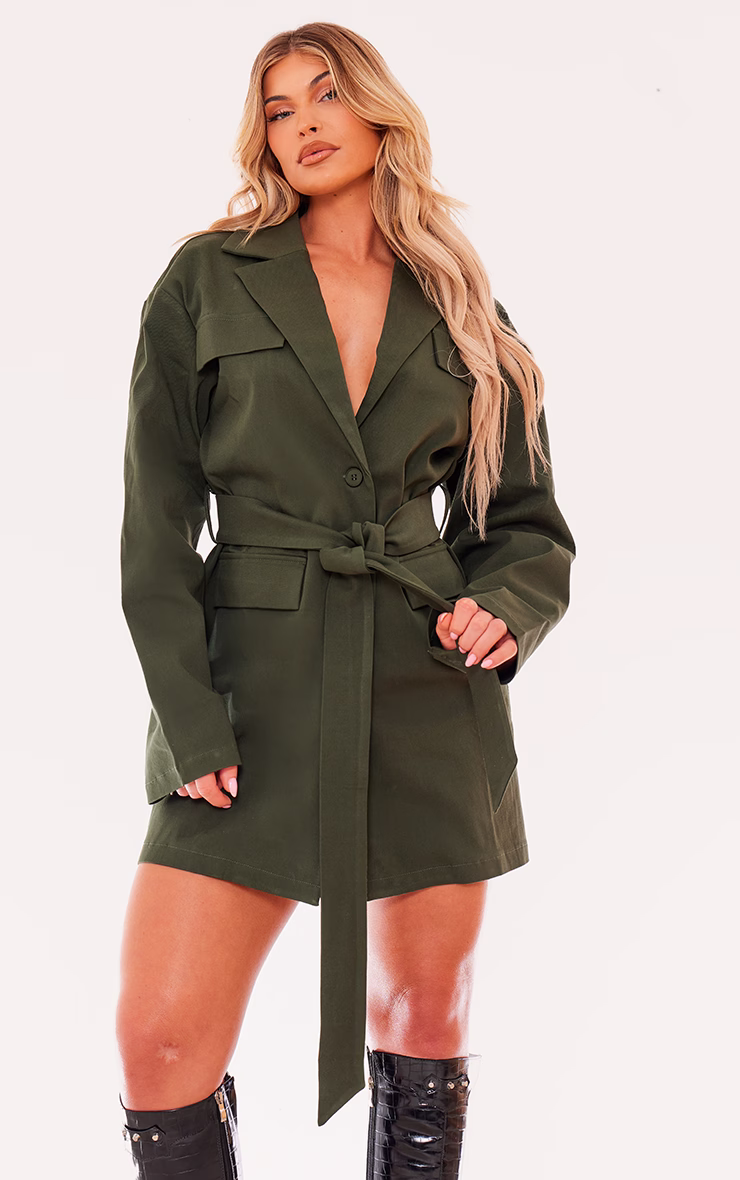 Khaki Woven Button Belted Blazer Dress