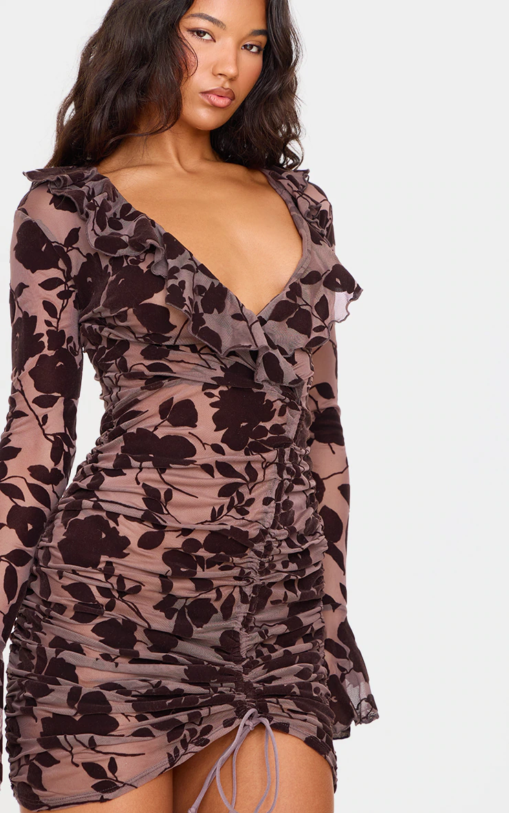 Dark Chocolate Floral Flocked Frill Detail Ruched Bodycon Dress