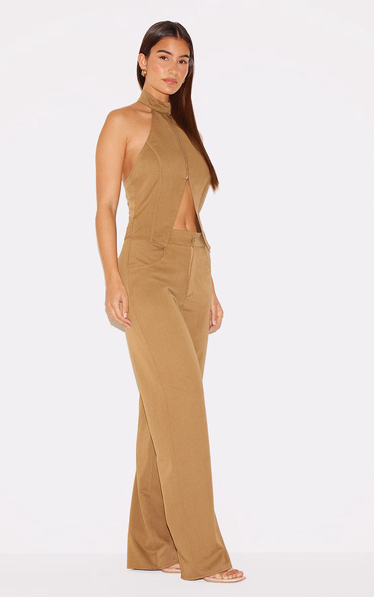 Khaki Woven High Neck Zip Detail Straight Leg Jumpsuit