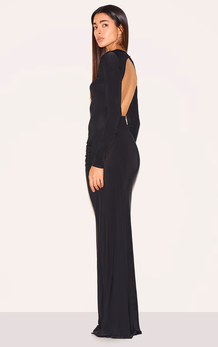 Black Slinky Long Sleeve Open Back Maxi Dress