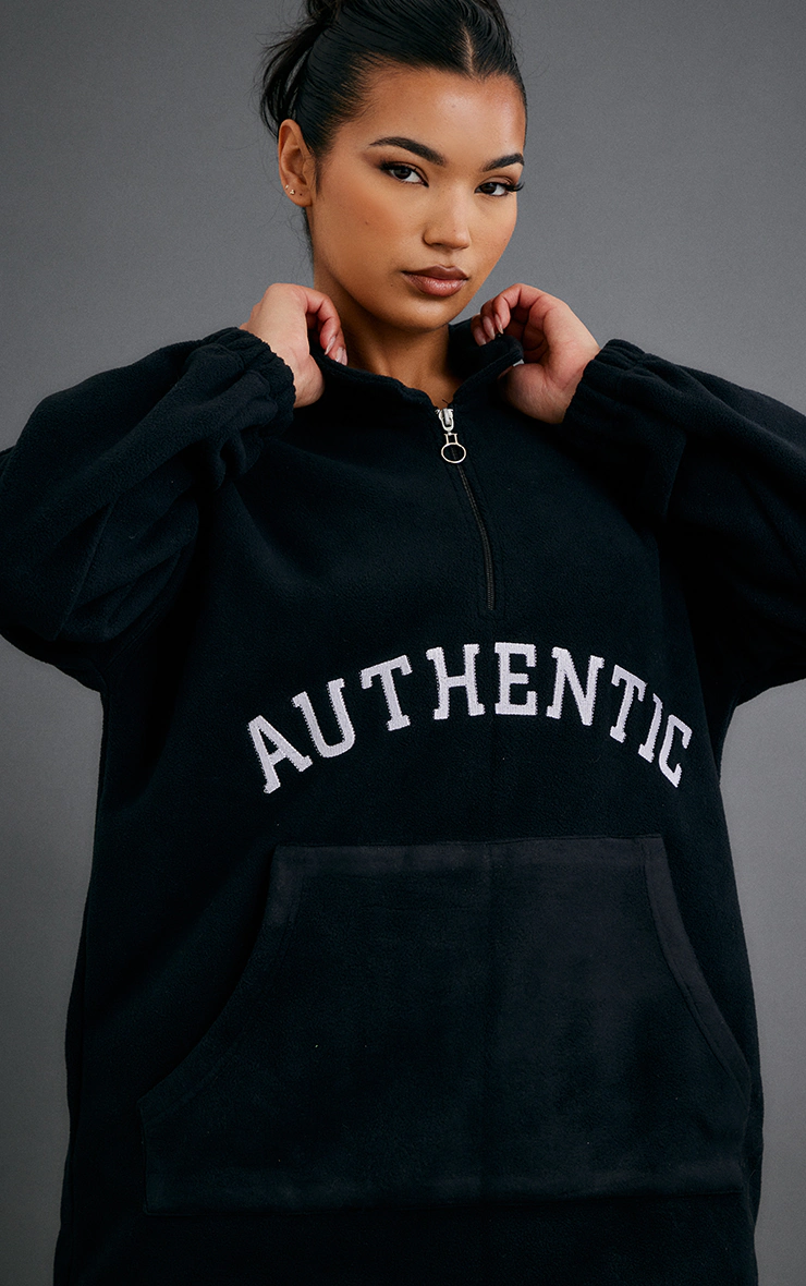 Black Authentic Graphic Half Zip Fleece Sweater Dress