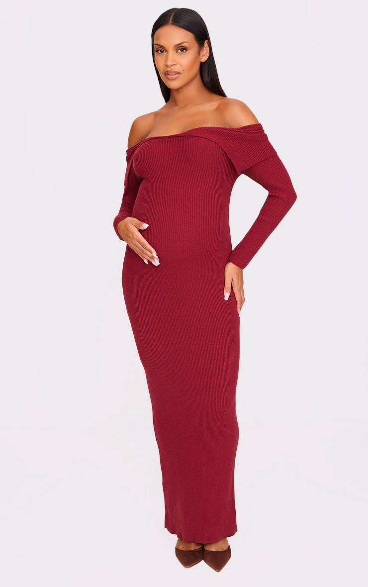 Maternity Burgundy Off The Shoulder Rib Knitted Maxi Dress
