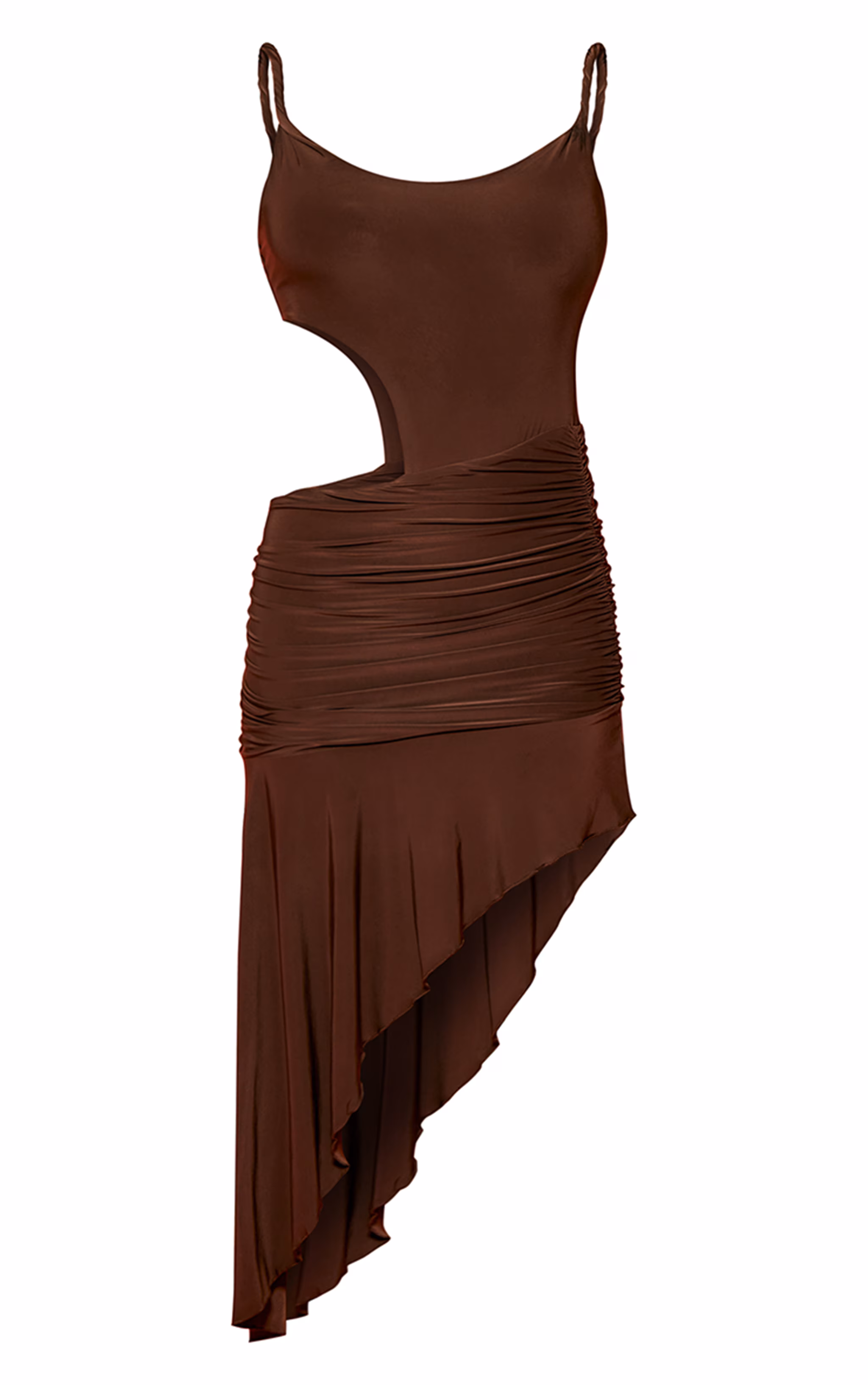 Dark Brown Double Layer Slinky Twist Strap Detail Midaxi Dress