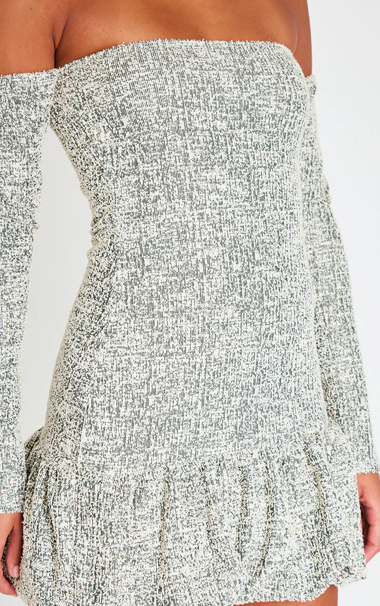 Khaki Bardot Boucle Puffball Mini Dress