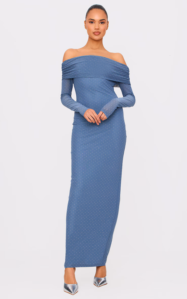Steel Blue Diamante Bardot Long Sleeve Flare Sleeve Maxi Dress