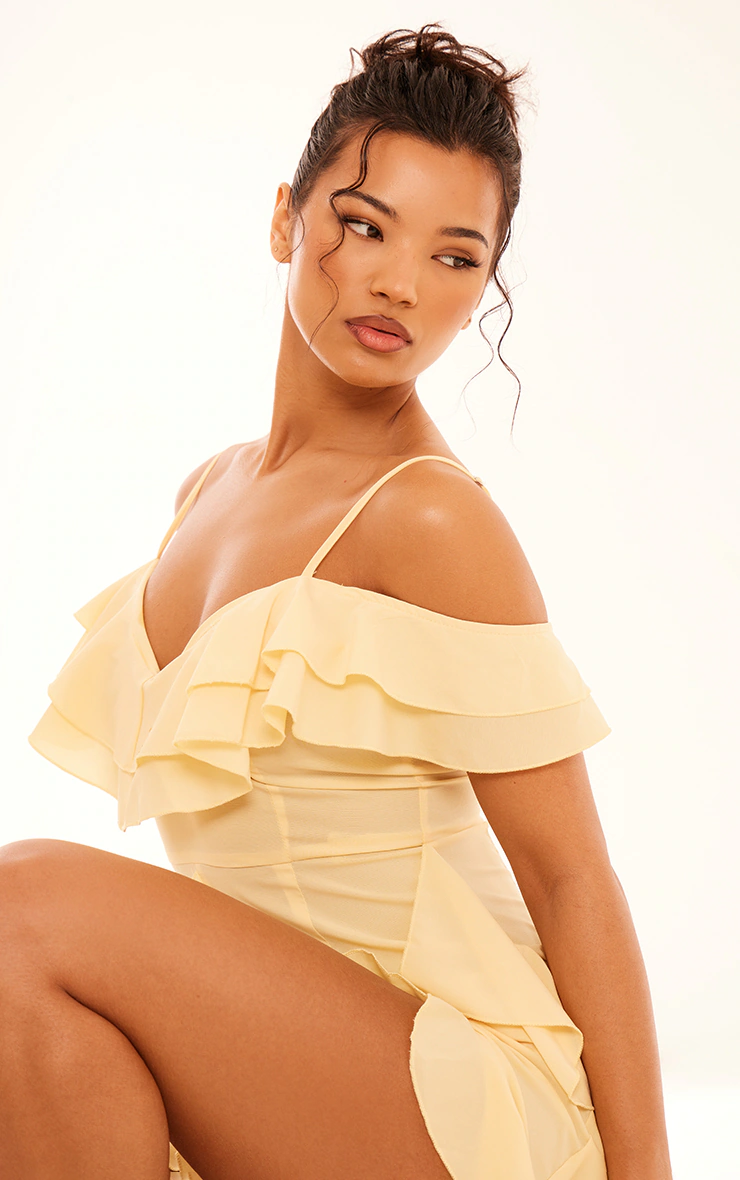 Lemon Cold Shoulder Ruffle Detail Maxi Dress