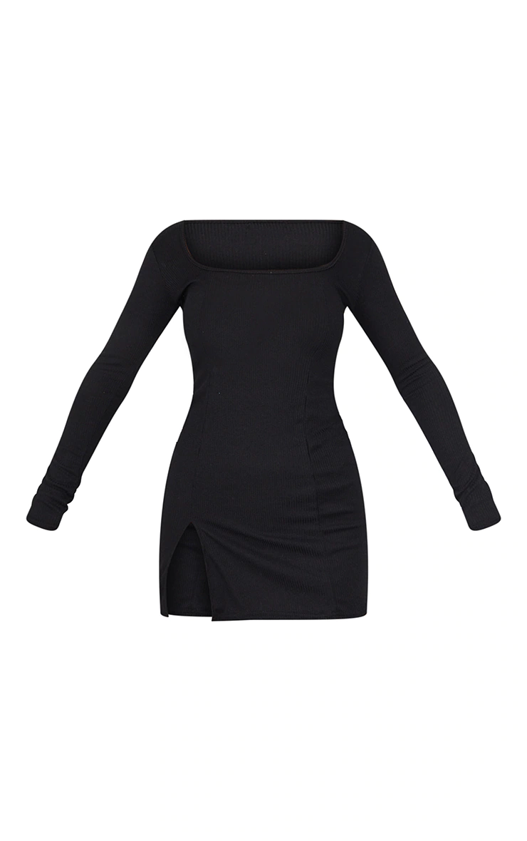 Black Rib Split Hem Square Neck Long Sleeve Bodycon Dress
