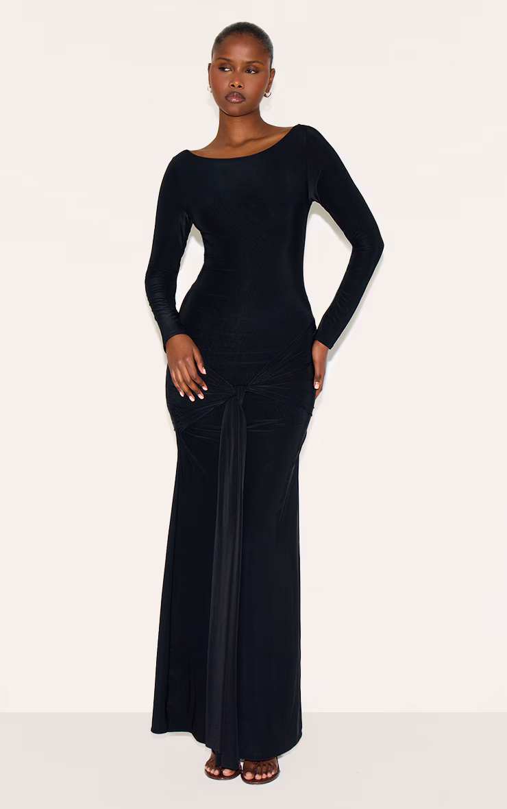 Black Double Layer Slinky Drop Waist Knot Detail Maxi Dress
