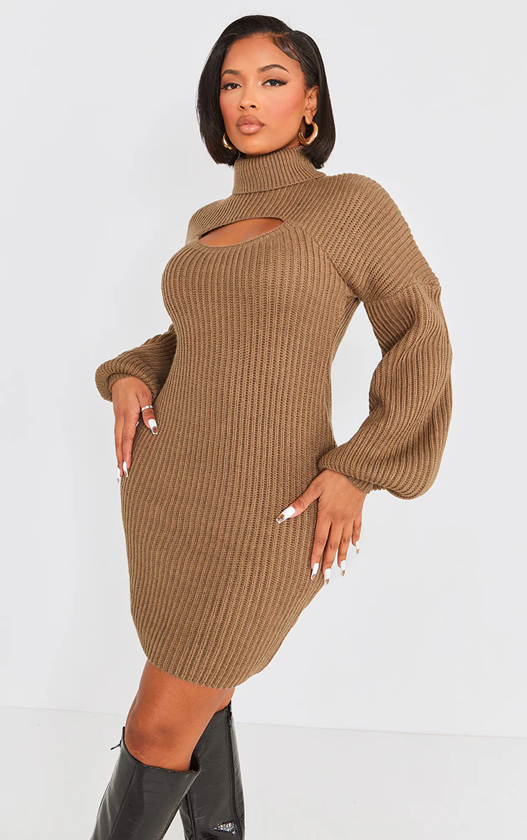 Shape Khaki 2 In 1 High Neck Balloon Sleeve Bodycon Sweater Dress