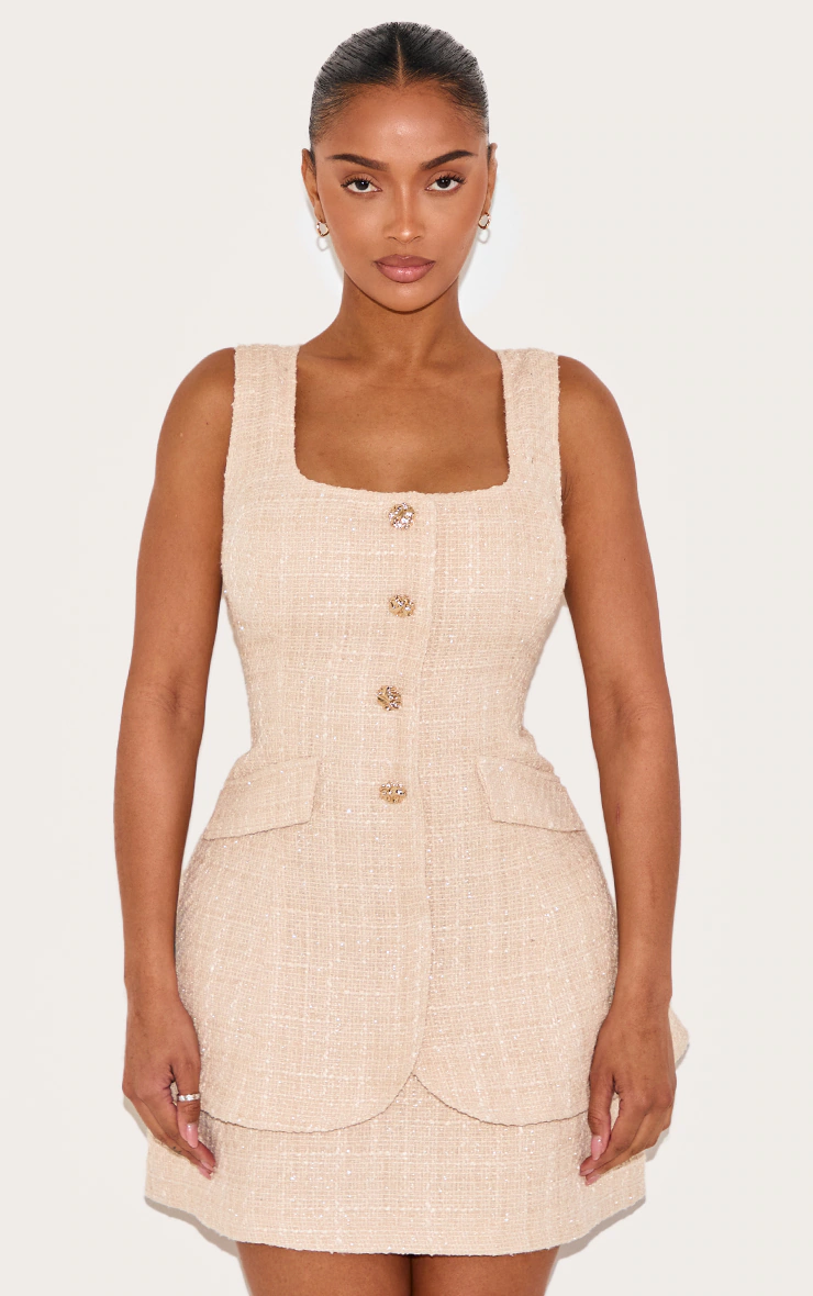 Shape Stone Boucle Square Neck Layered Hammered Button Mini Dress