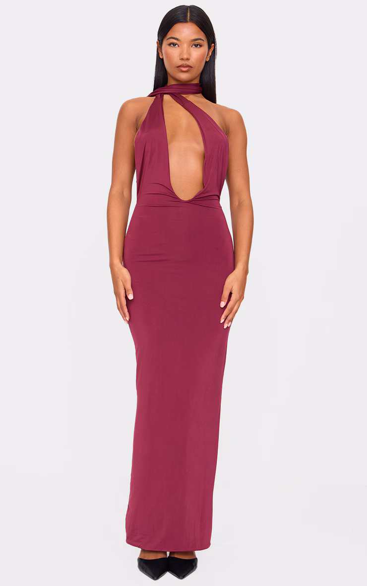 Burgundy Double Layer Slinky Wrap Neck Maxi Dress