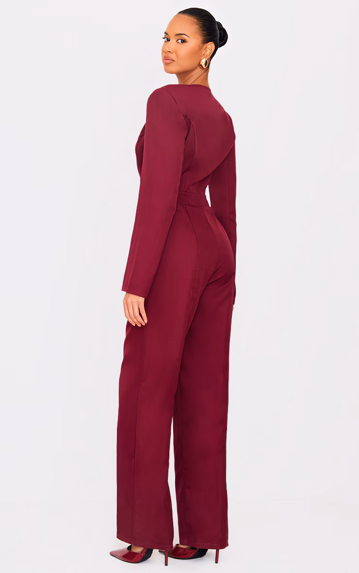 Burgundy Woven Plunge Long Sleeve Straight Leg Jumpsuit