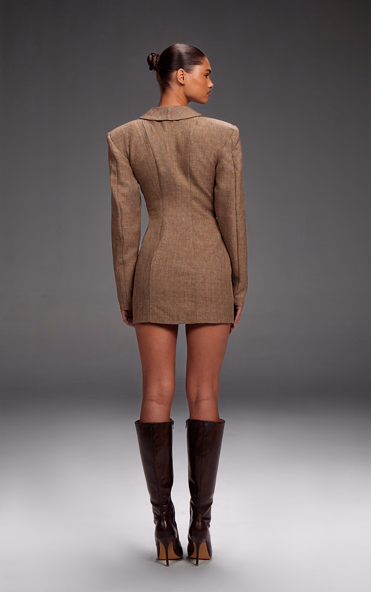 PLT Label Brown Textured Button Plunge Blazer Dress