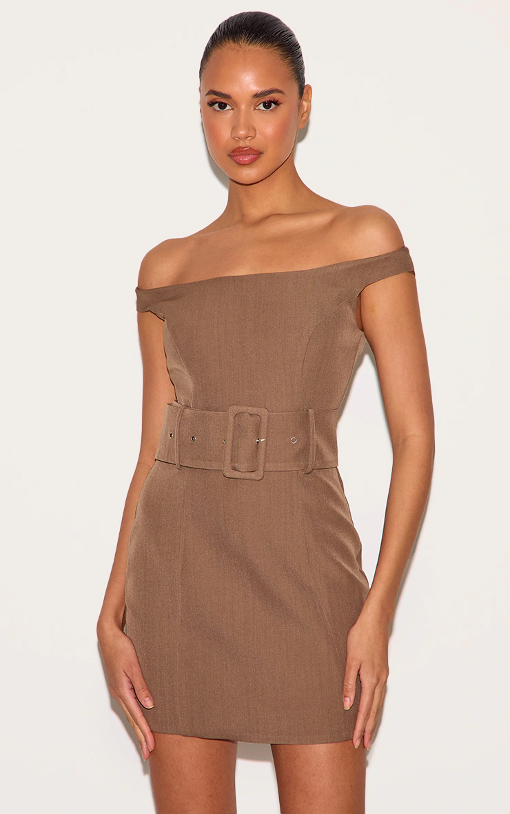 Taupe Woven Off Shoulder Belt Detail Mini Dress