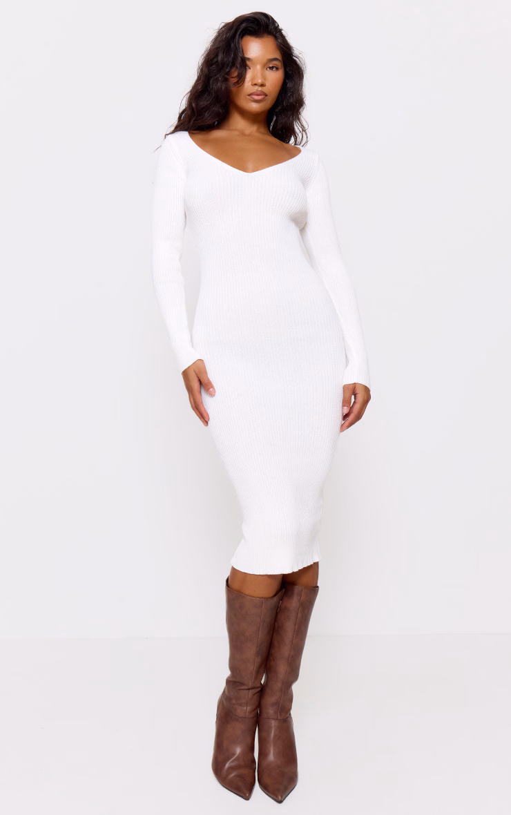 Cream V Neck Knit Midi Dress