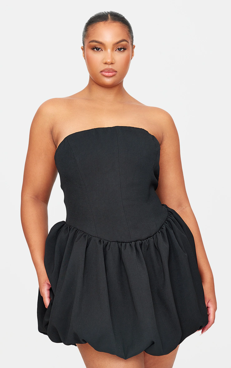 Plus Premium Black Bandeau Puff Ball Dress