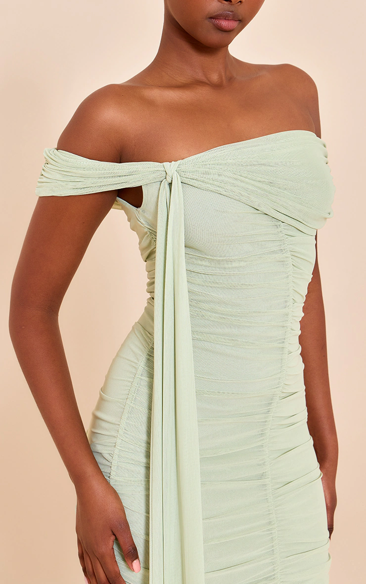 Pale Lime Mesh Lined Bardot Mini Dress