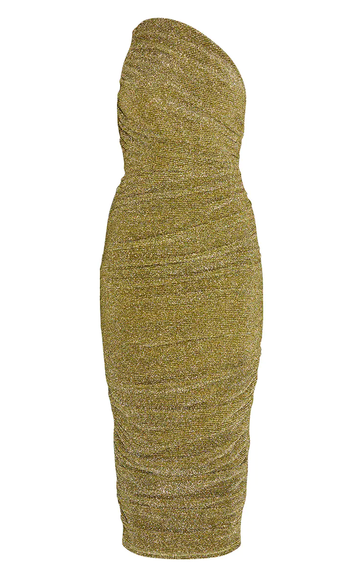 Gold Glitter Plisse Ruched One Shoulder Midi Dress