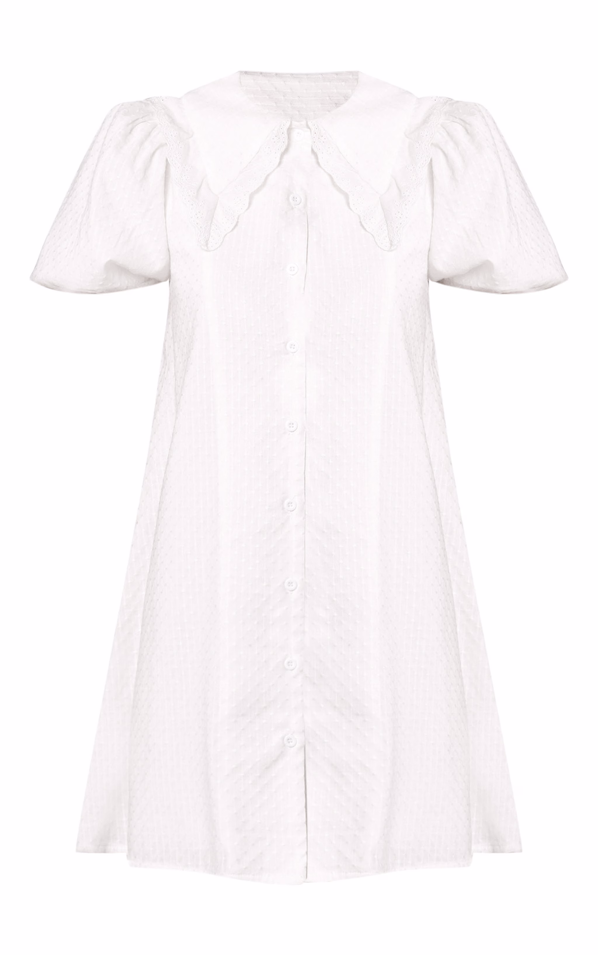 White Embroidered Cotton Lace Trim Puff Sleeve Shirt Dress