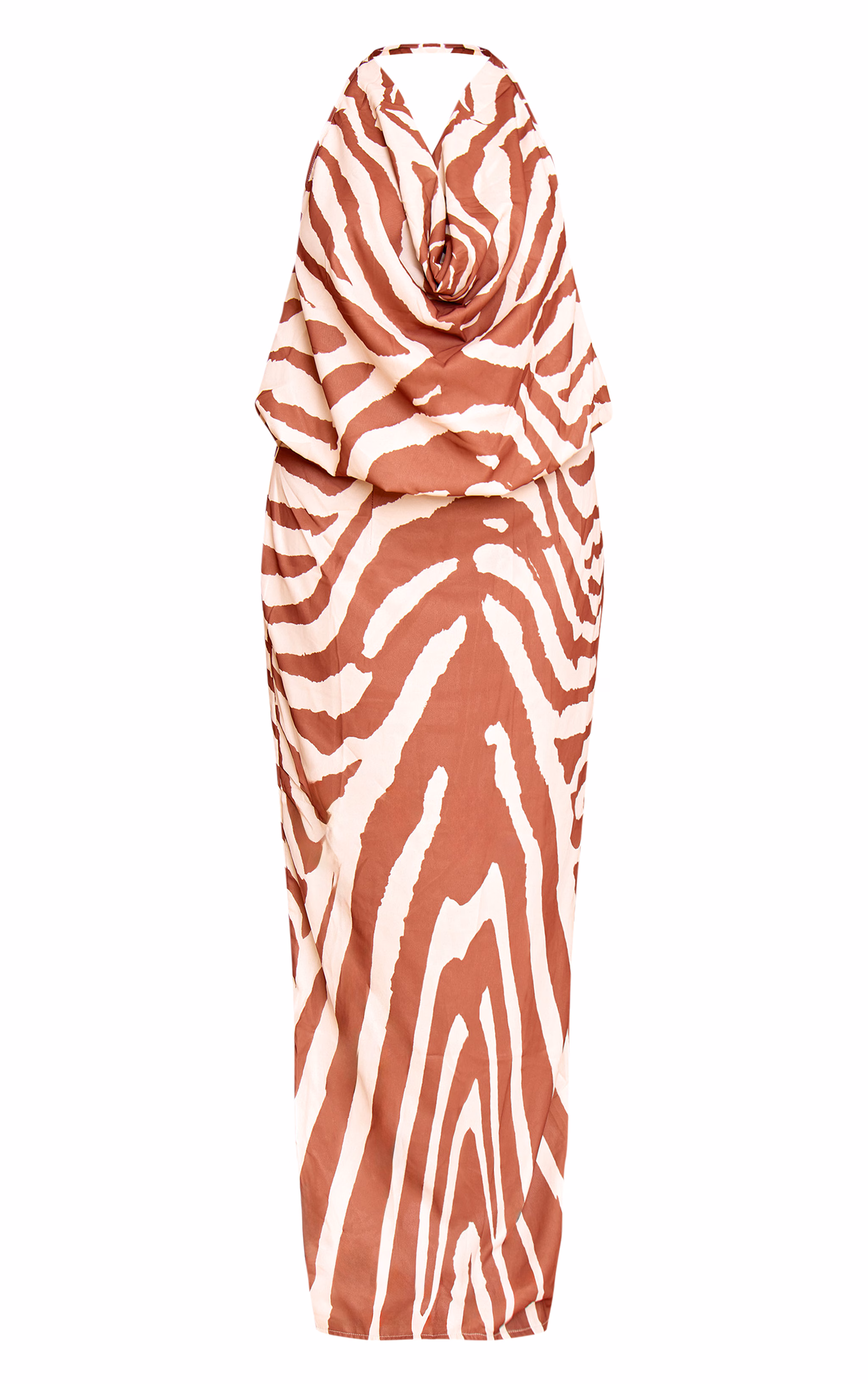 Plus Tan Zebra Abstract Print Chiffon Cowl Neck Maxi Dress