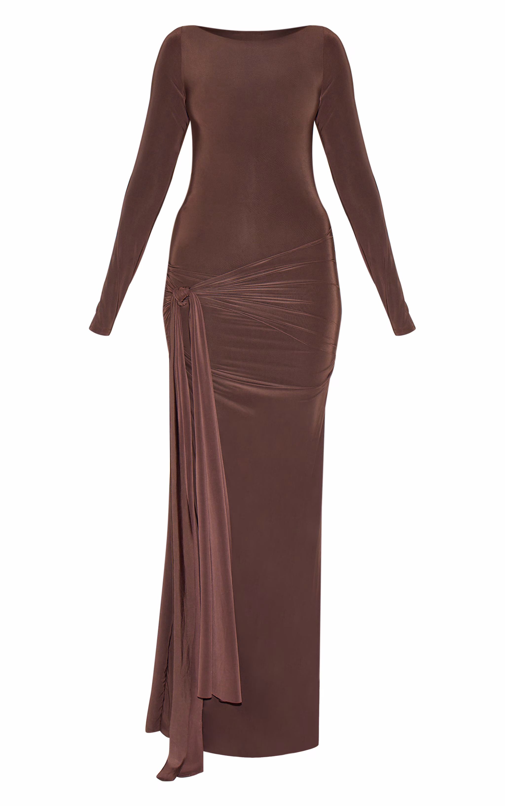 Chocolate Double Layer Slinkyy Drop Waist Knot Detail Maxi Dress