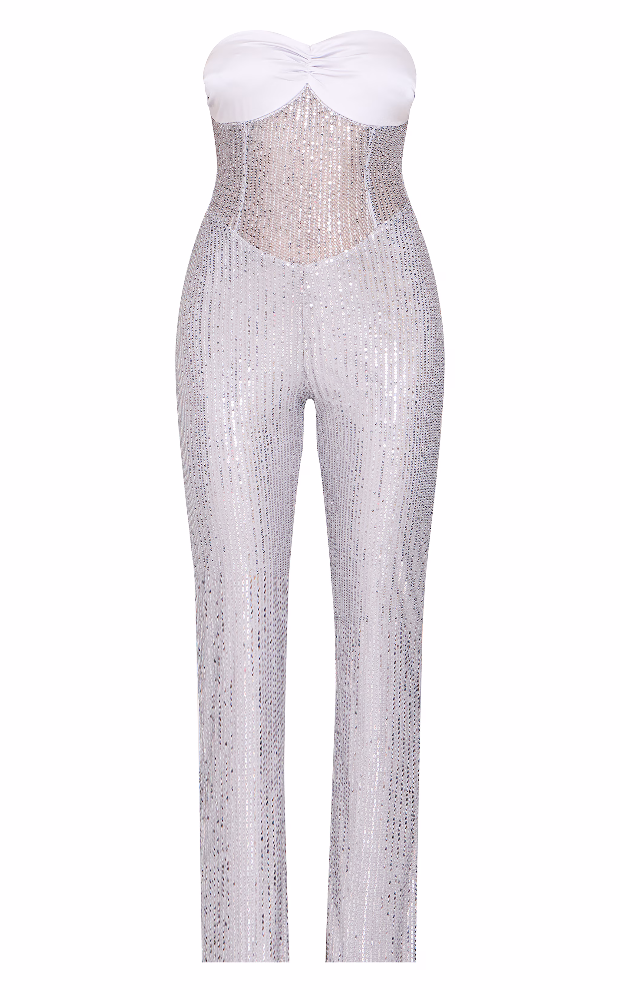 Silver Sequin Bandeau Sheer Panel Jumpsuit