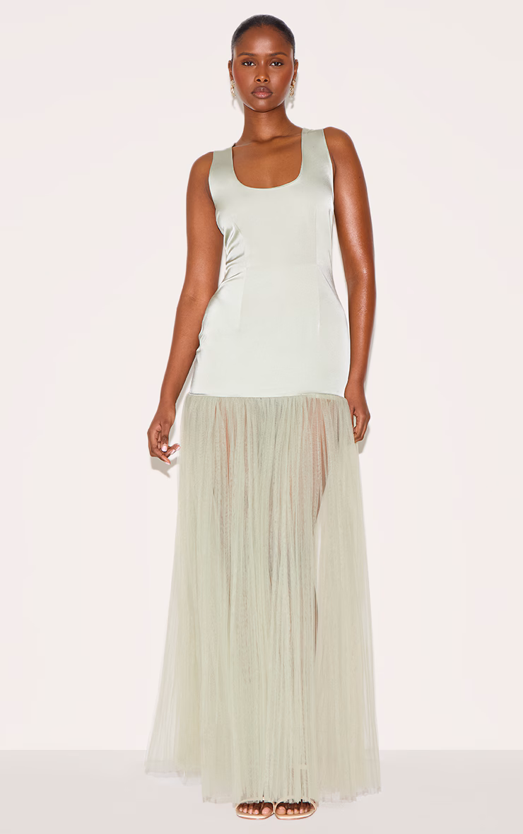 Sage Green Scoop Neck Drop Waist Maxi Dress