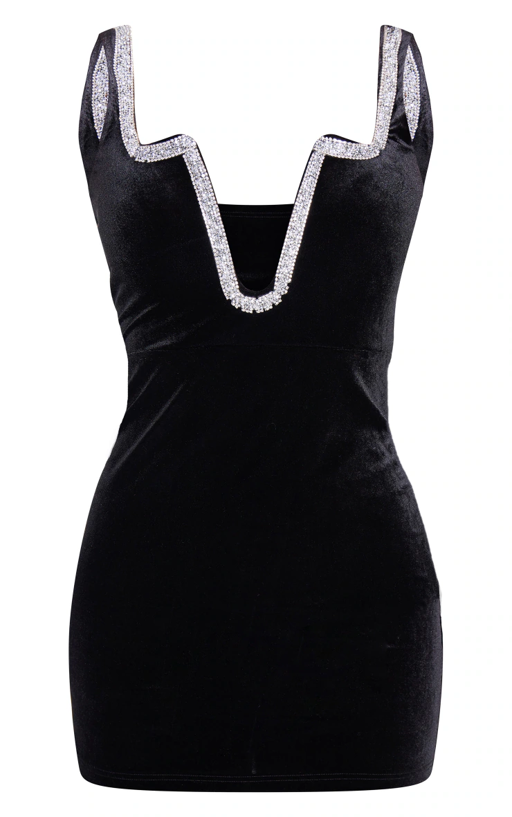 Black Velvet Diamante Detail Trim Mini Dress