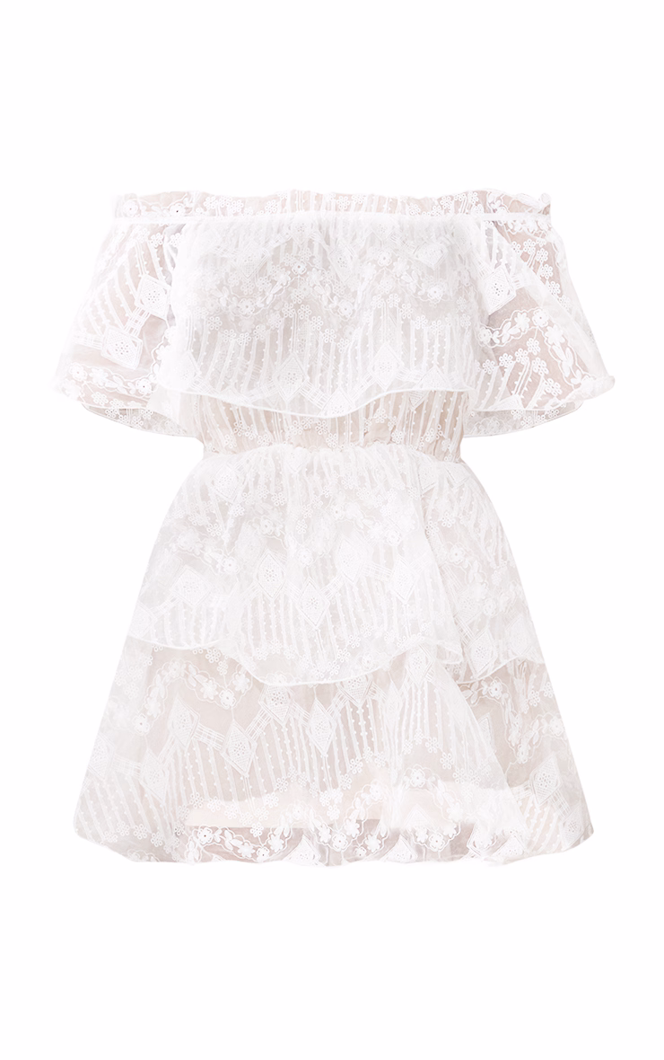 White Lace Bardot Ruffle Tiered Dress
