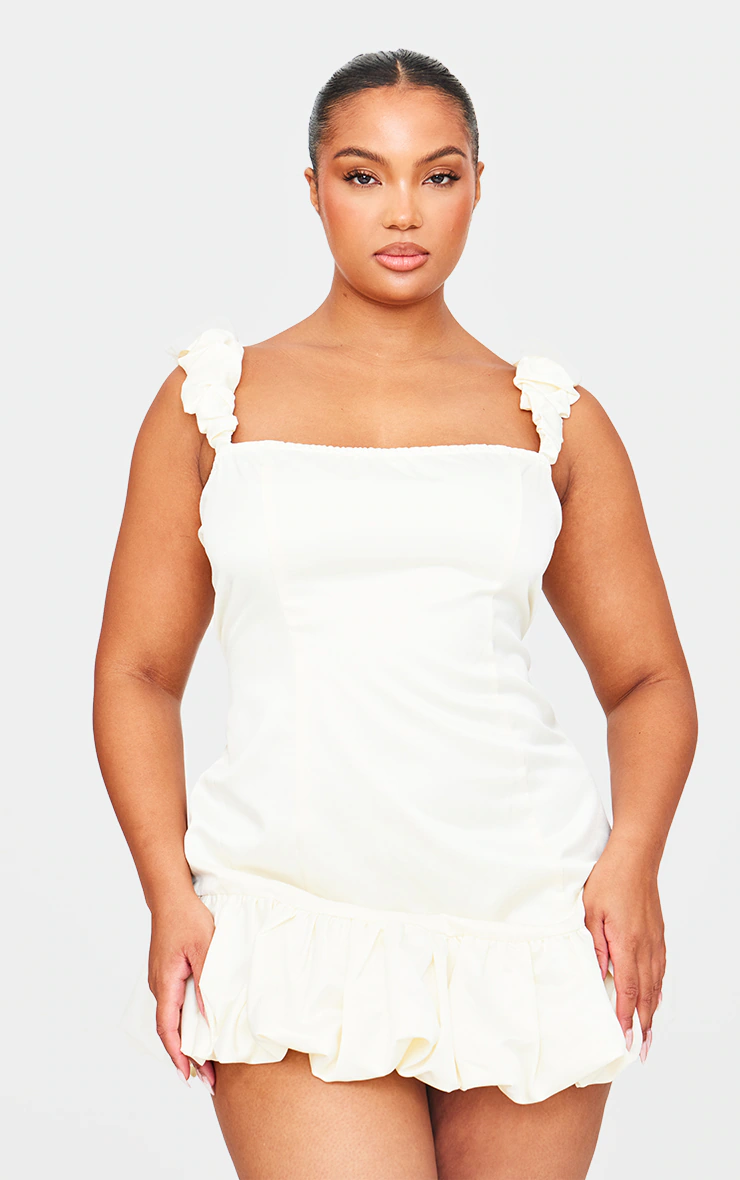 White Satin Bardot Puff Hem Bodycon Dress