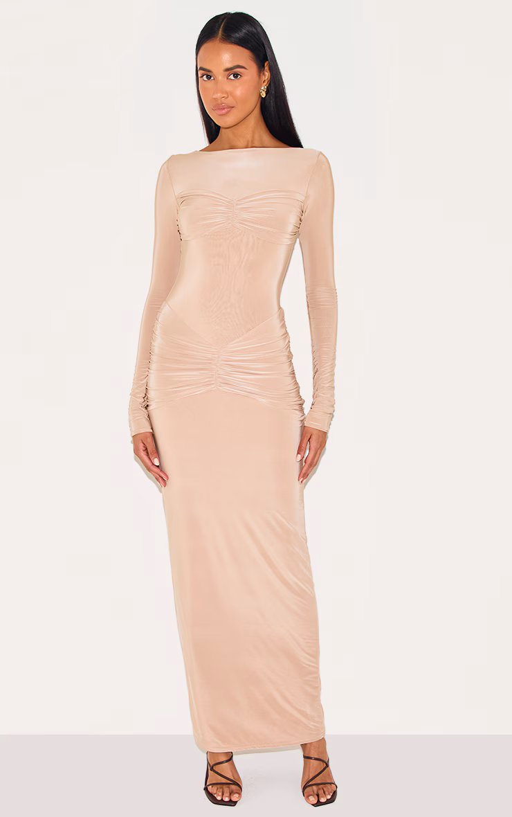 Beige Sinky Ruched Panel Detail Maxi Dress
