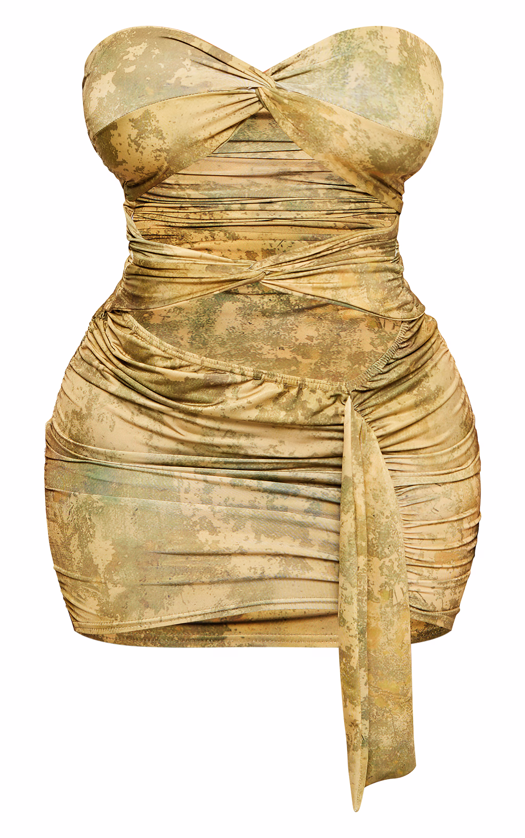 Shape Green Slinky Tie Dye Print Bandeau Twist Front Bodycon Dress