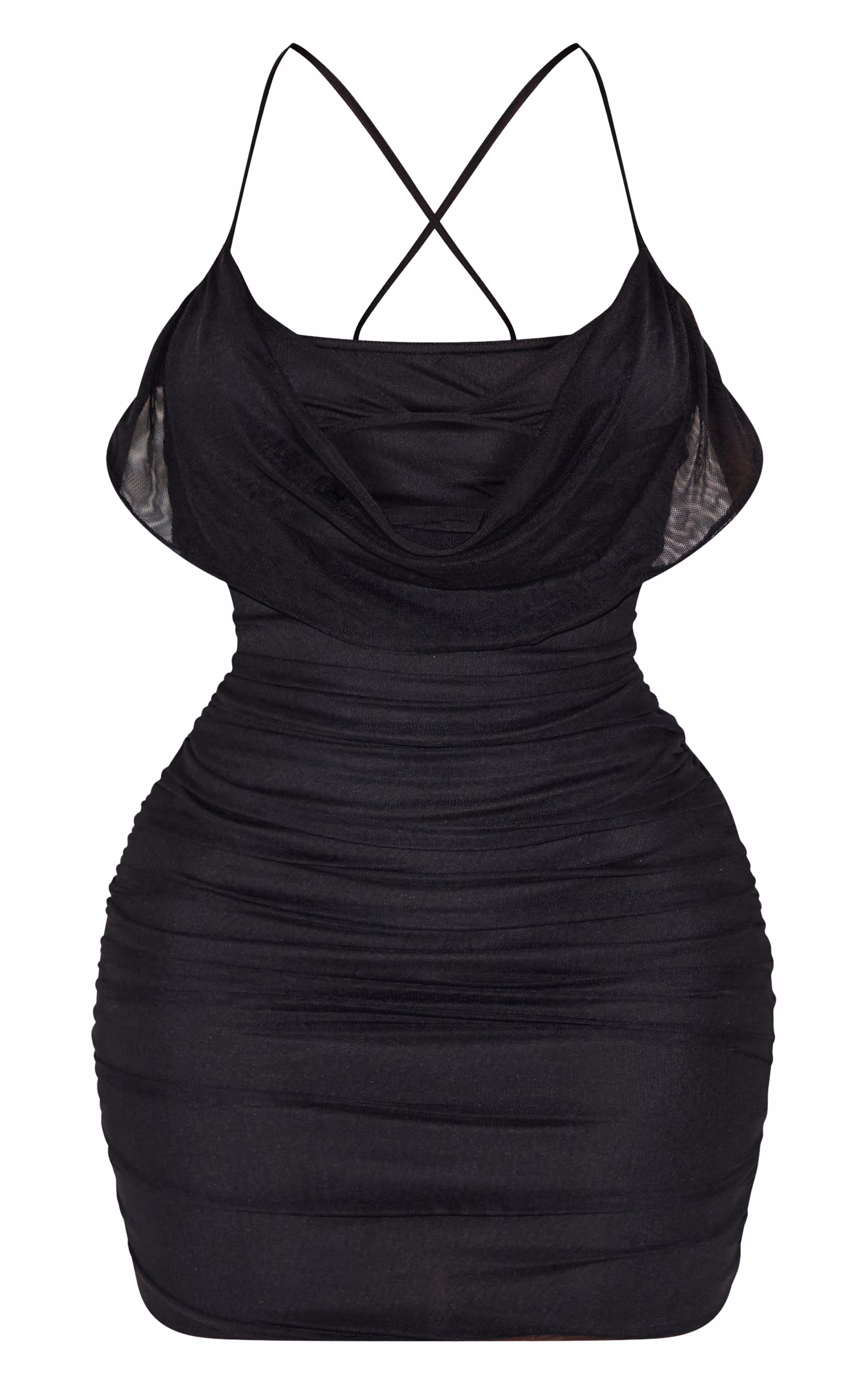 Shape Black Bralet Detail Mesh Cowl Ruched Bodycon Dress
